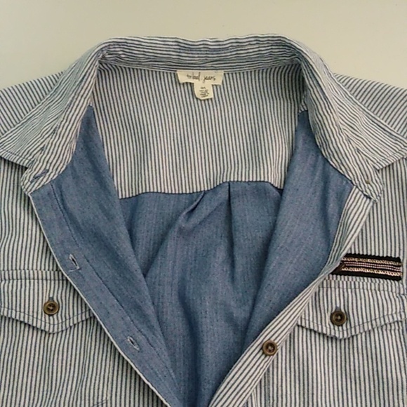 TRIBAL JEANS STREETWEAR RAW HEM MILITARY SOFT WORN DENIM CHAMBRAY STRIPE SHIRT - Picture 12 of 13